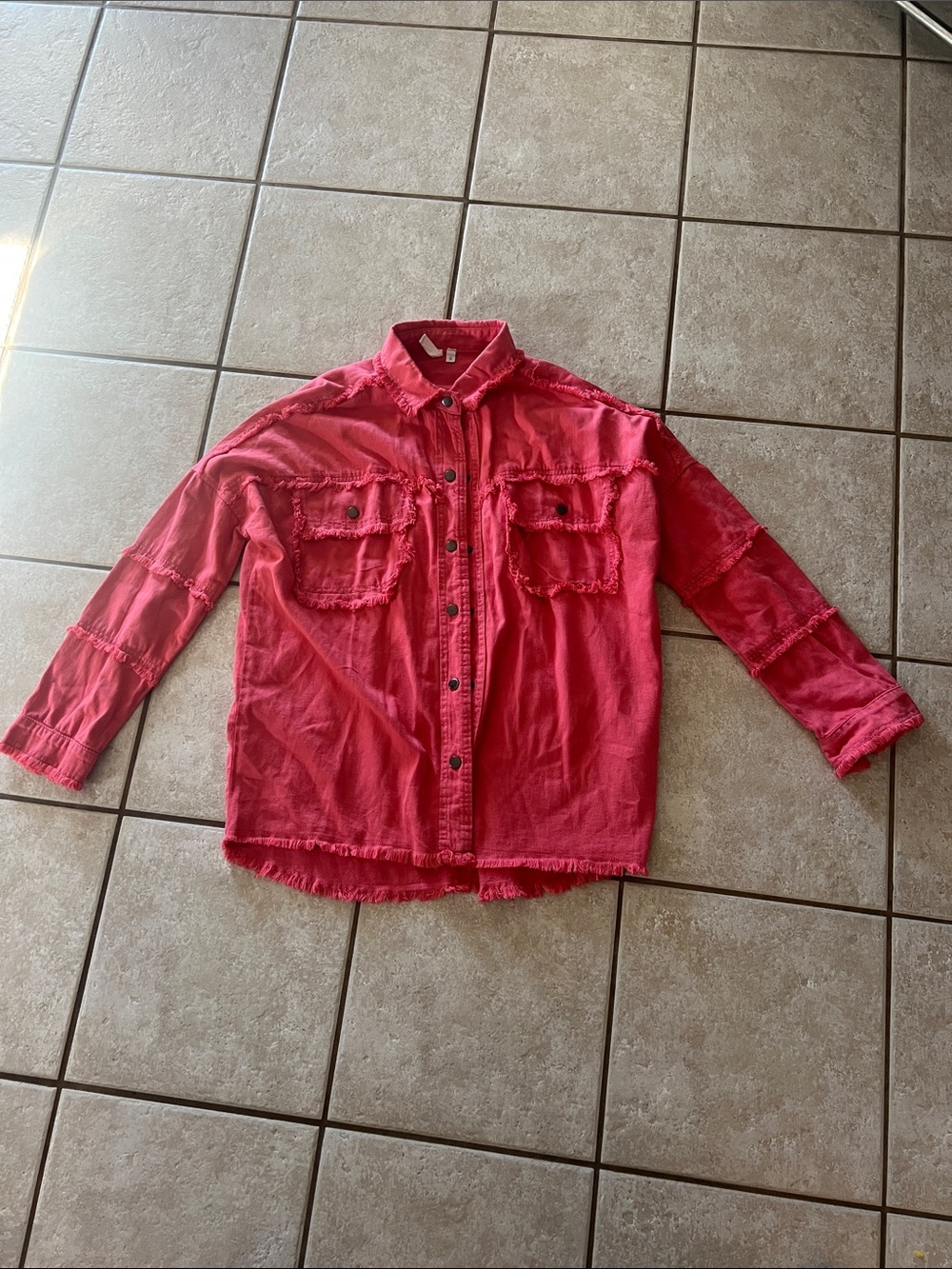 Elan Pink-Red Button Front Frayed Shirt Jacket